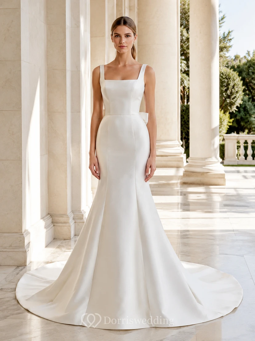 Robe de mariée sirène élégante en satin, col carré, sans manches, traîne courte et dos nu, avec encolure carrée et nœud.