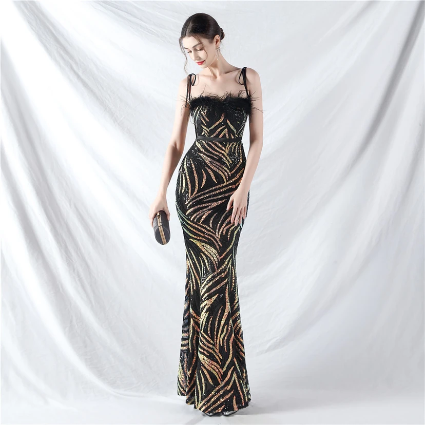 Double-Binding Rope-Binding Craft-Made Ostrich Feather Encrypted Laminated Beads High-End Evening Dress view 15