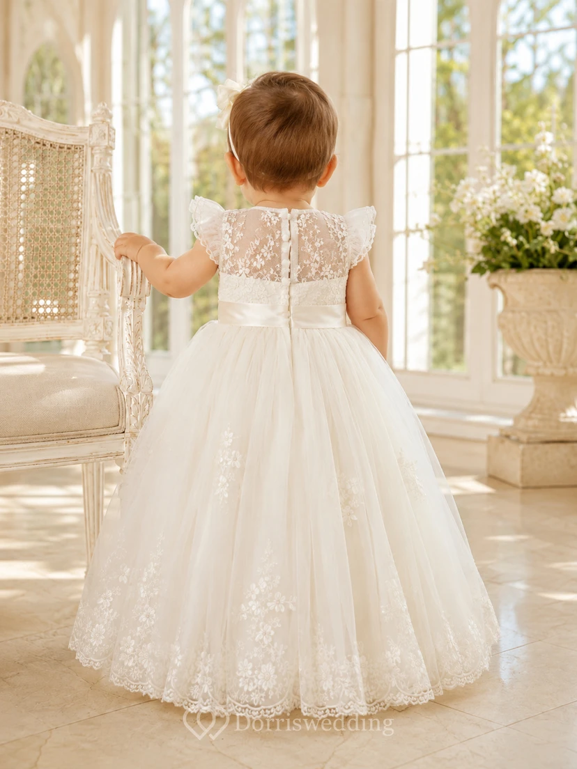 Christening Gown A-Line Tulle Lace Scoop Neck Short Sleeve Applique Skirt