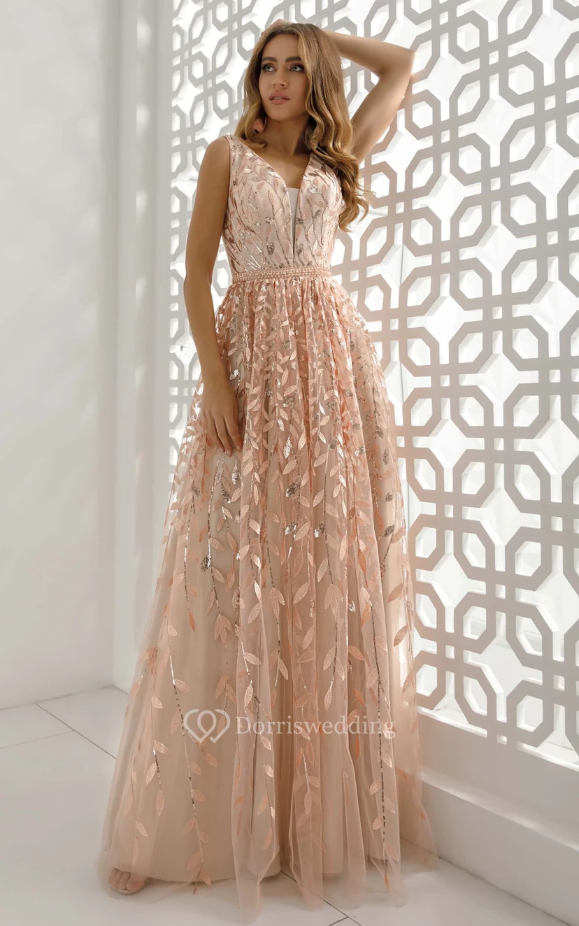 Ärmelloses, bodenlanges Ballkleid mit V-Ausschnitt, A-Linie, Empire-Schnitt und Stickerei view 10