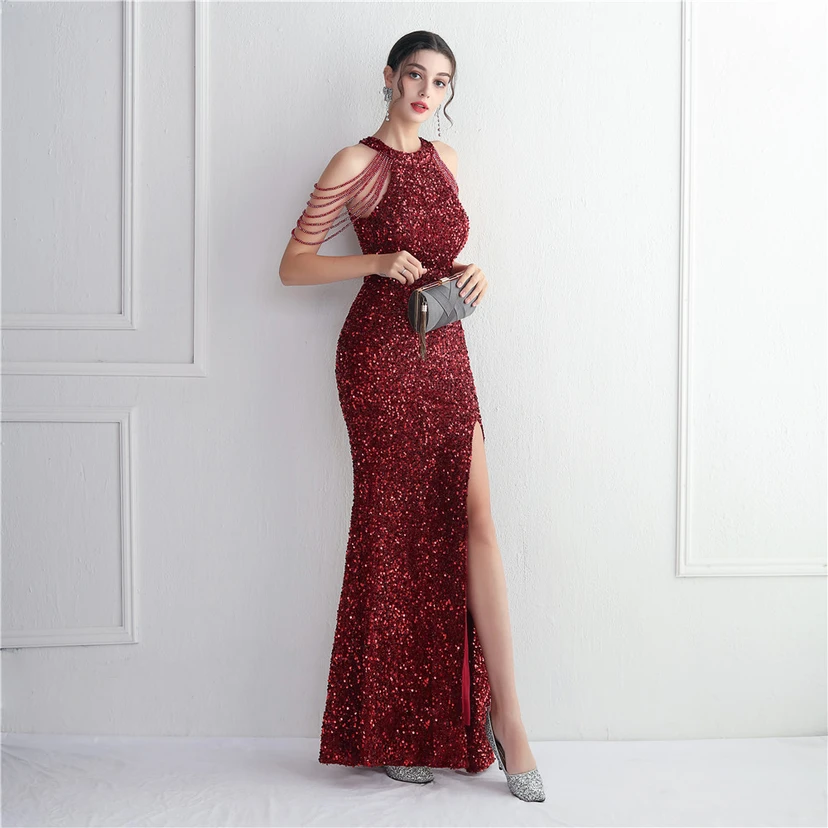 Heavy-Duty Glass Bead Craft Beaded Banquet Evening Dress Temperament Elegant Long Halter Neck Slit Sequins view 44