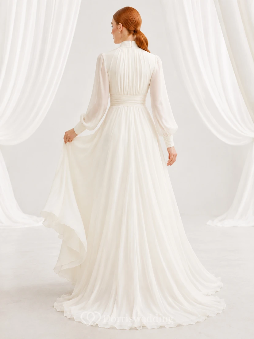 Modest High Neck Bishop Sleeve Chiffon LDS Bridal Gown view 2