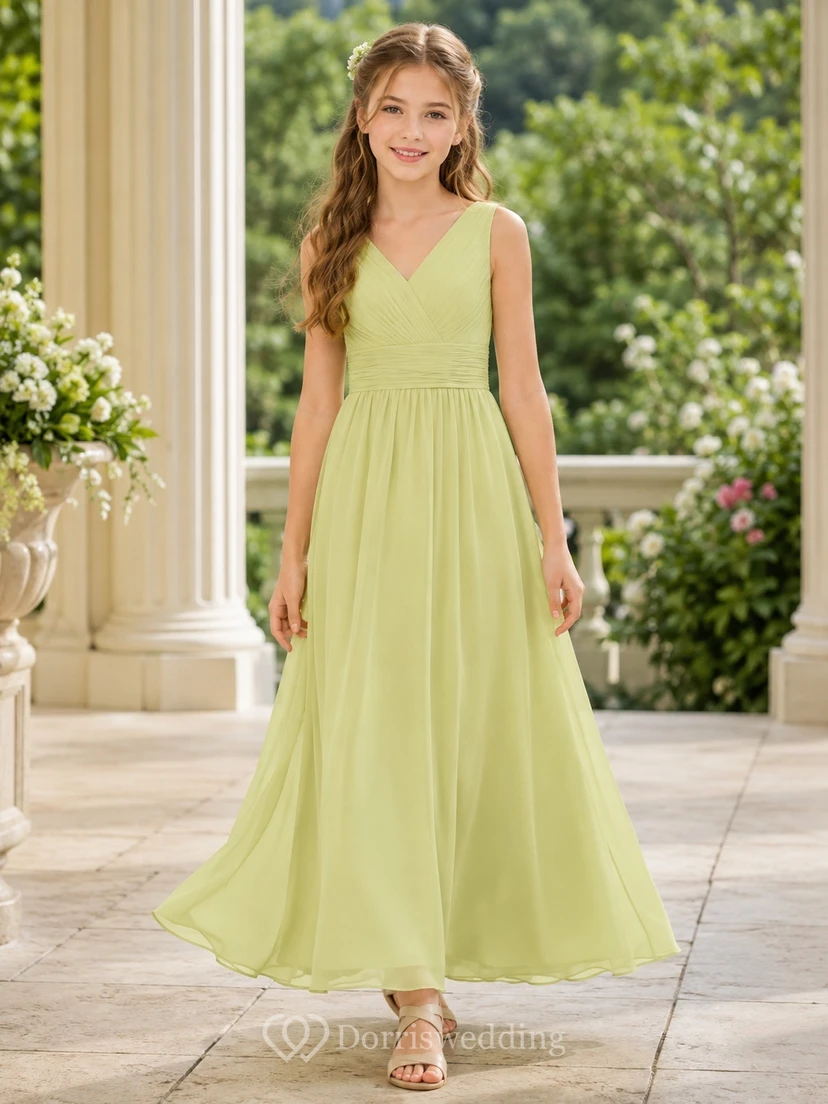 Vestido de dama de honor juvenil Lemongrass, corte en A, escote en V, sin mangas, gasa, elegante y formal.