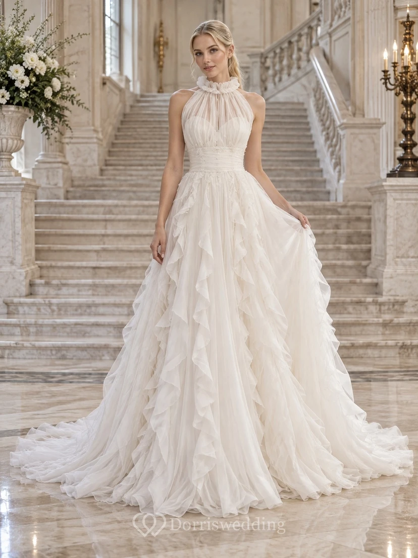Brautkleid mit hohem Kragen, Neckholder, Chiffon, fließenden Rüschen und taillierter A-Linie