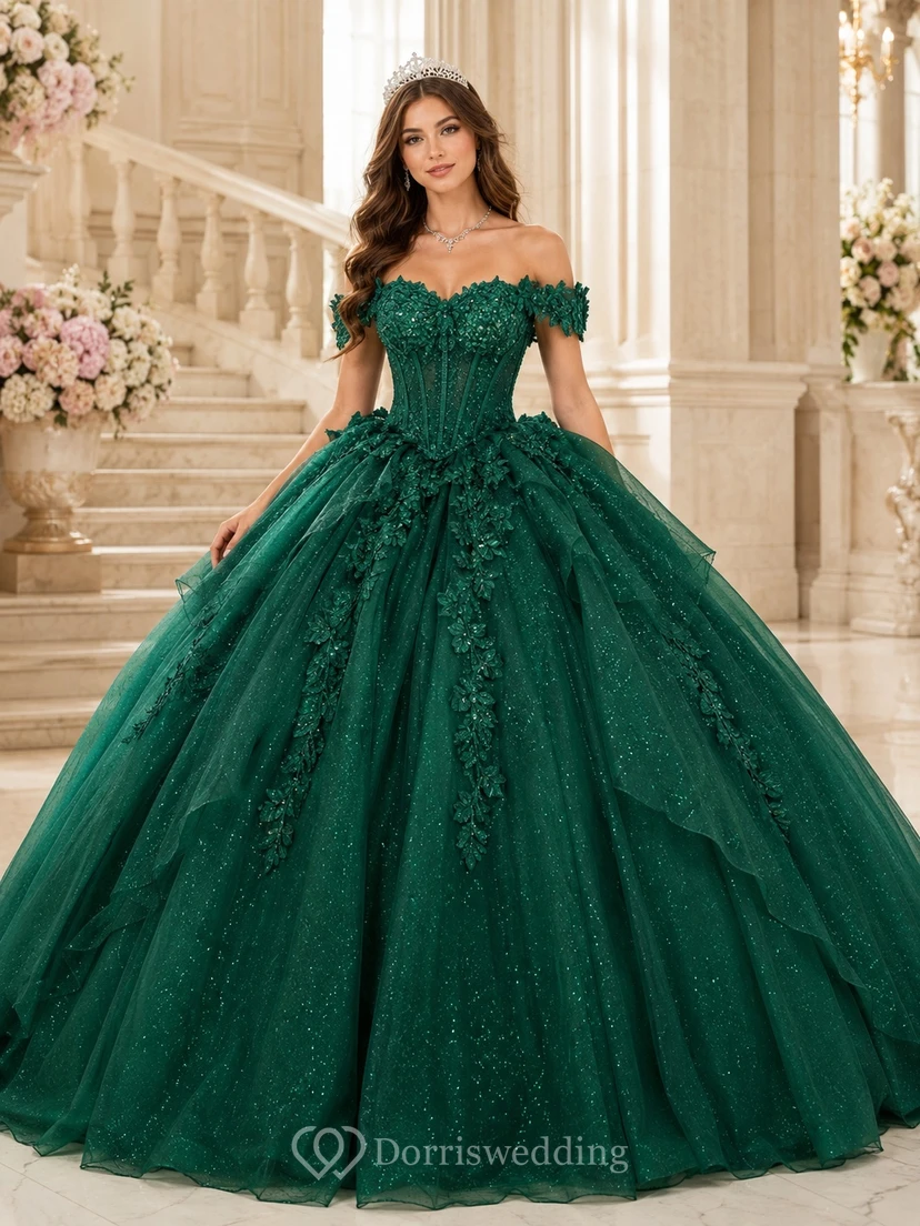 Emerald Off-the-shoulder Sweetheart Lace Tulle Ball Gown Quinceanera Formal Dress