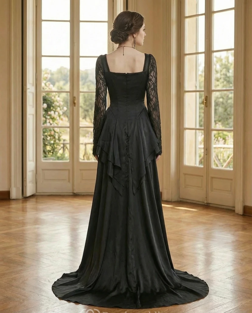 Schwarzes Gothic-Abendkleid mit langen Ärmeln aus Spitze und eckigem Ausschnitt view 2