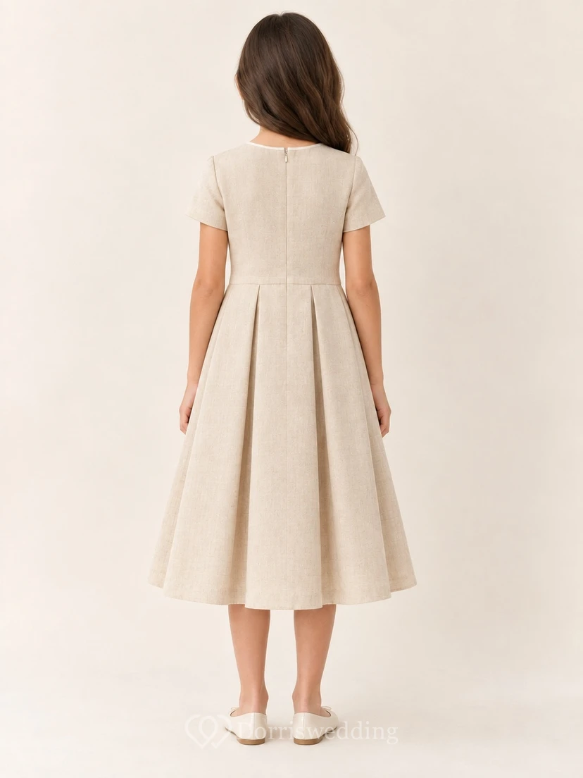 Modest Simple Sand Tea-length Dropped Waist Compact Short Sleeve Full Flower Girl Dress view 2