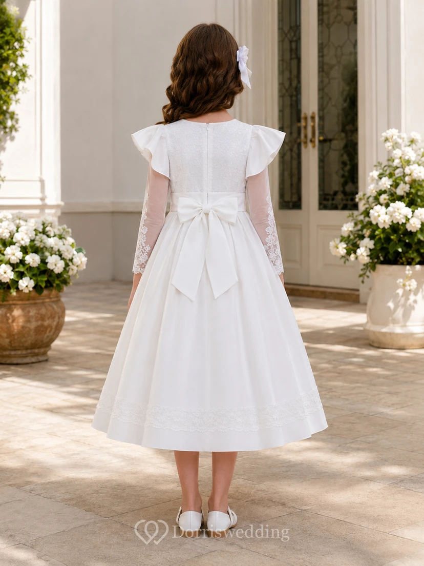 Weißes, abnehmbares Ärmelspitzenkleid in Teelänge für Kommunion und Blumenmädchen view 2