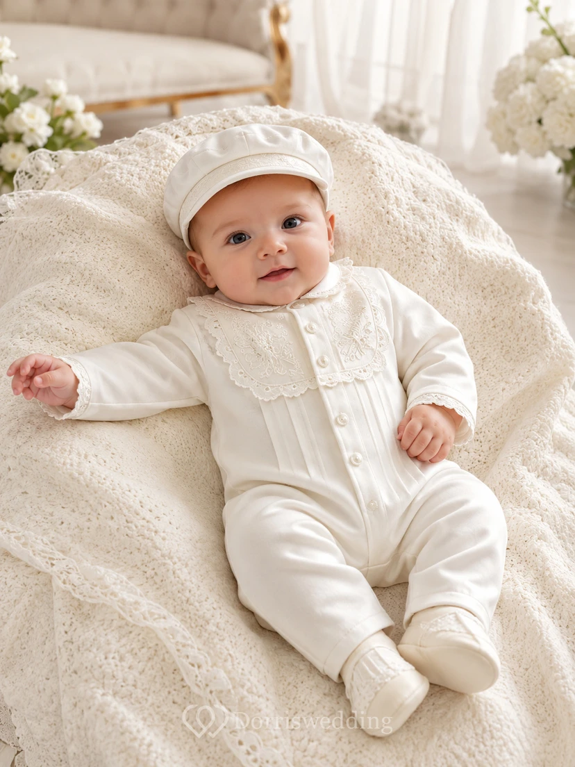 Ivory Lace Trim Long Sleeve Newborn Christening Footie for Baby Boy