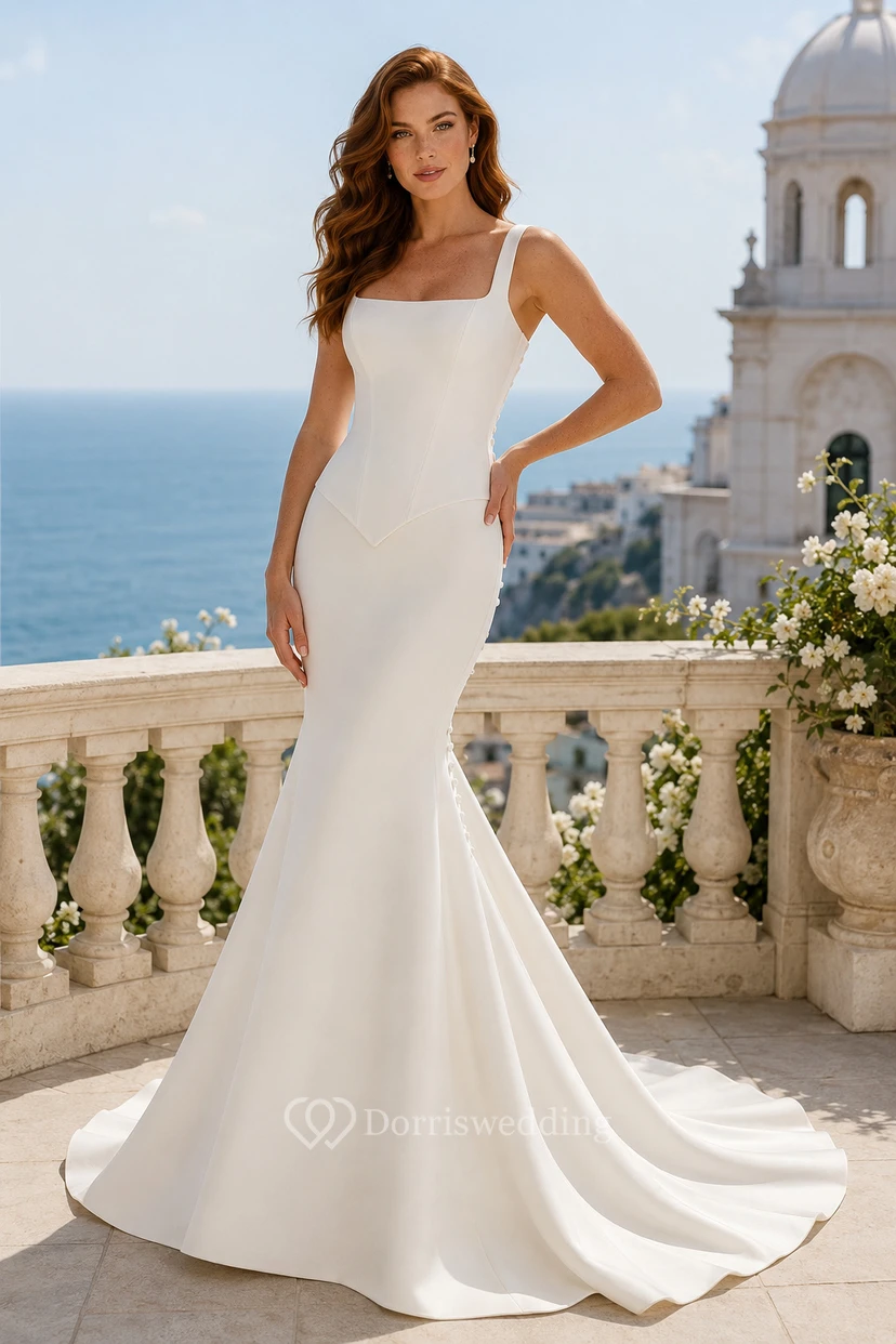 Robe de mariée sirène en satin à encolure carrée et traîne balayée
