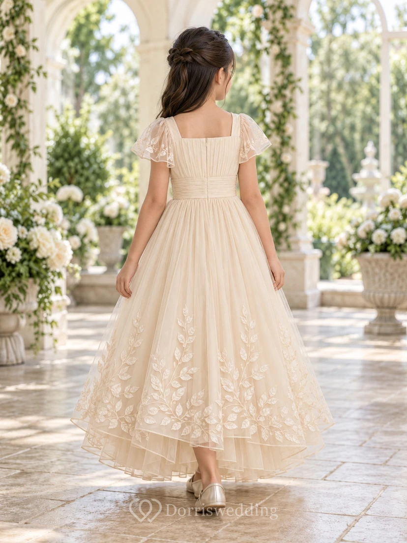 Square-Neck Champagne Floral A-line Tulle Lace-sleeve Ankle-length Bordered Flower Girl Dress view 2