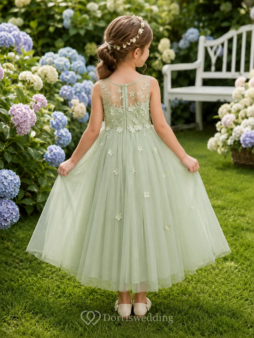 Sage Ankle-Length Ball Gown Flower Girl Dress with Sleeveless Illusion Scoop Bodice, Floral Appliques and Zipper Back view 2