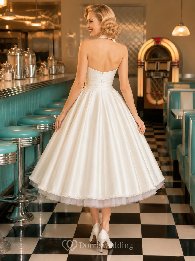 Halter Sweetheart Satin Tea Length Rockabilly Bridal Dress view 2
