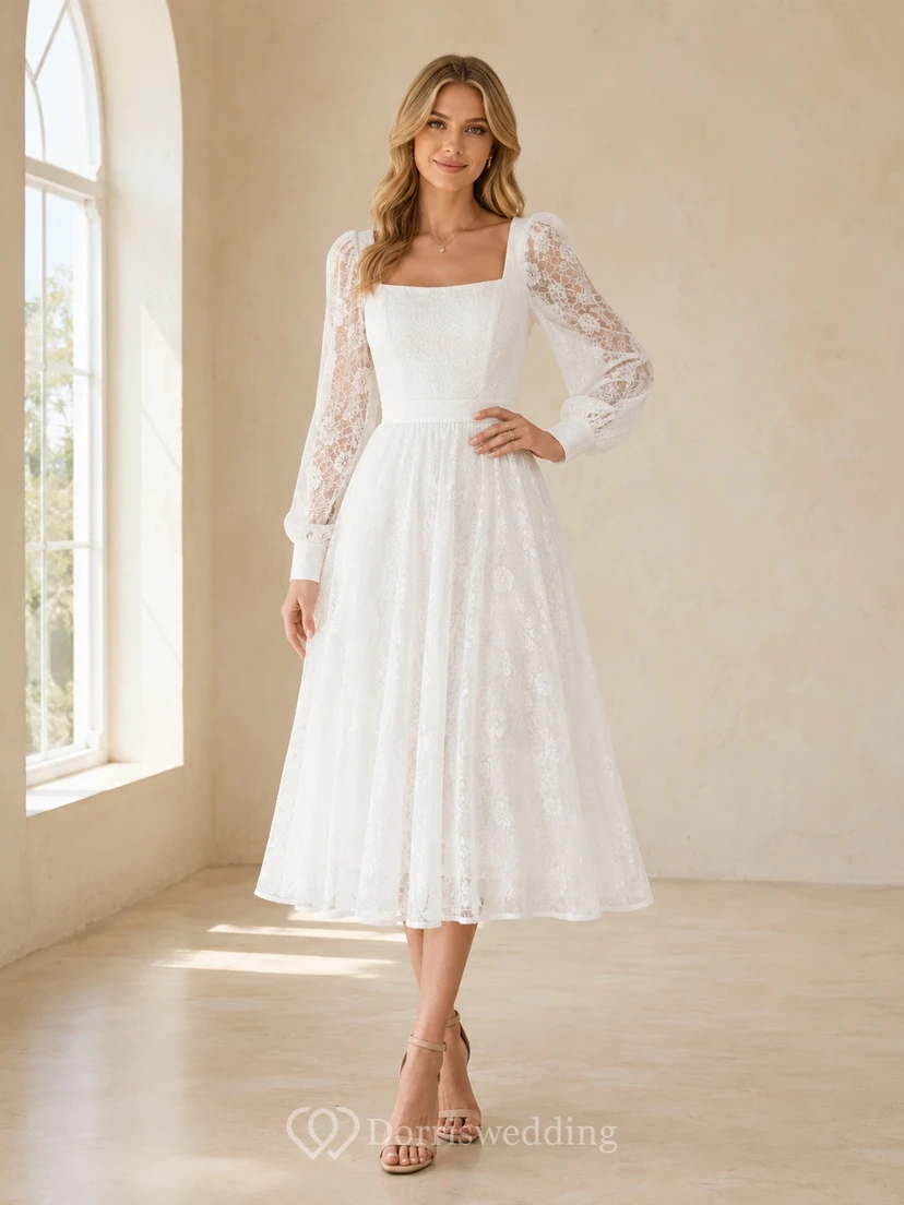 Weißes, romantisches Abendkleid mit eckigem Ausschnitt, langen Ärmeln, Spitze, A-Linie und Teelänge