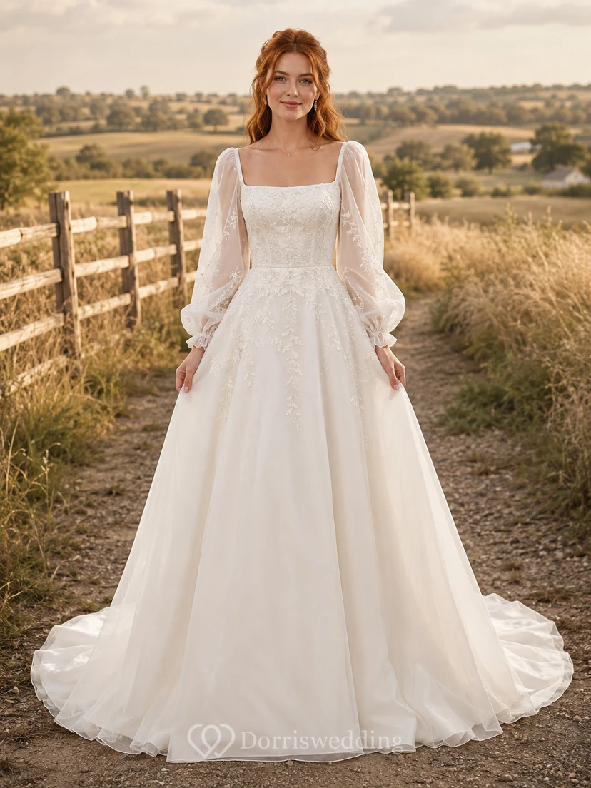 Brautkleid aus Chiffon im Landhausstil, A-Linie, eckiger Ausschnitt, Puffärmel, bodenlang, tiefer V-Ausschnitt am Rücken
