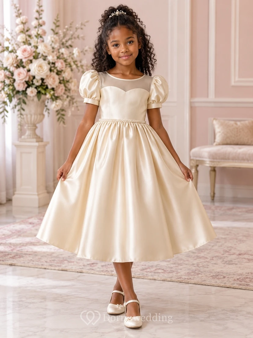 Teelanges champagnerfarbenes A-Linien-Blumenmädchenkleid aus Satin mit Puffärmeln, Illusion-Ausschnitt, gerafftem Rücken und Schleife.