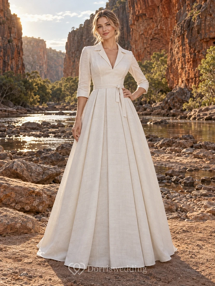 Schlichtes Brautkleid aus Satin mit V-Ausschnitt, Kragen, Dreiviertelärmeln und A-Linien-Schnitt