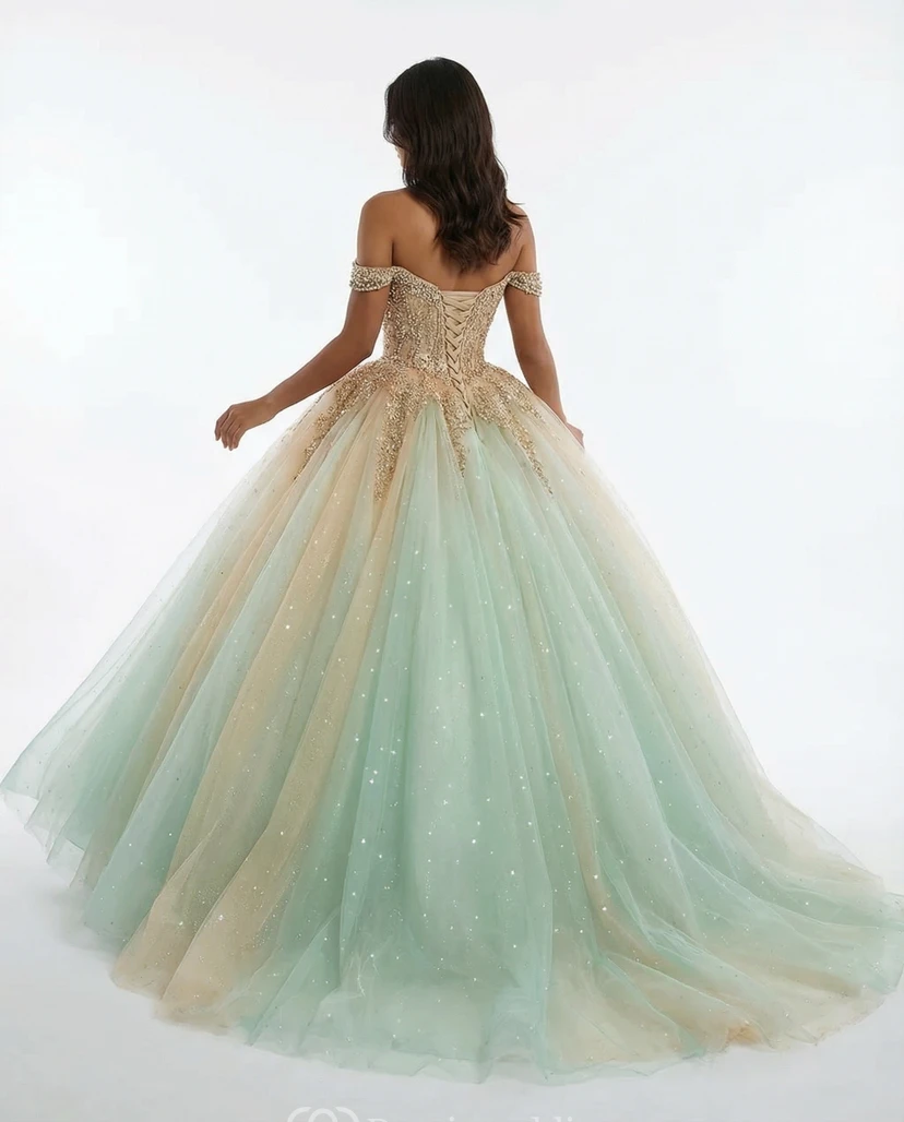 Mintgrünes und goldenes schulterfreies Glitzer-Tüll-Quinceañera-Ballkleid view 2