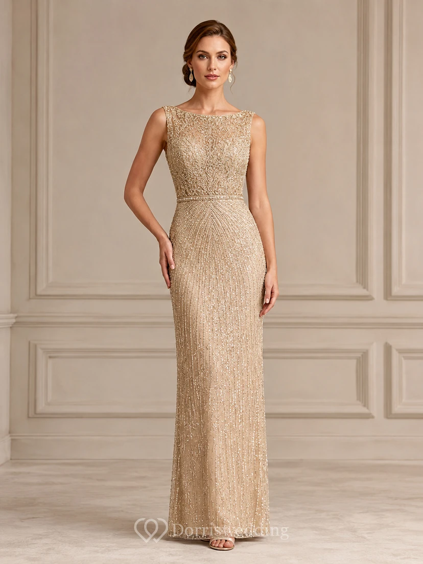 Dicht mit Pailletten besetztes, champagnerfarbenes Etuikleid mit U-Boot-Ausschnitt, ärmellos, luxuriös und elegant – ein perfektes Abendkleid für Prominente.