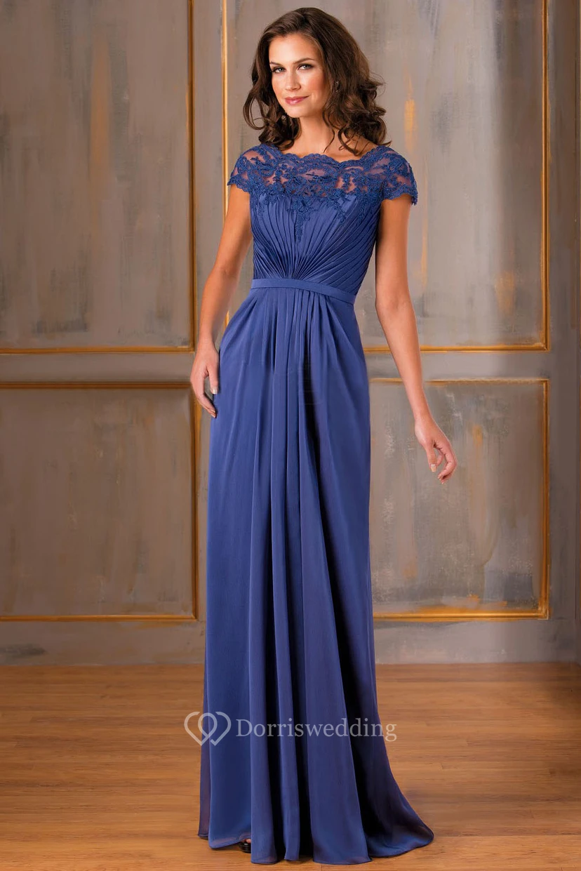 Cap-Sleeved A-Line Long Gown With Lace Appliques And V-Back