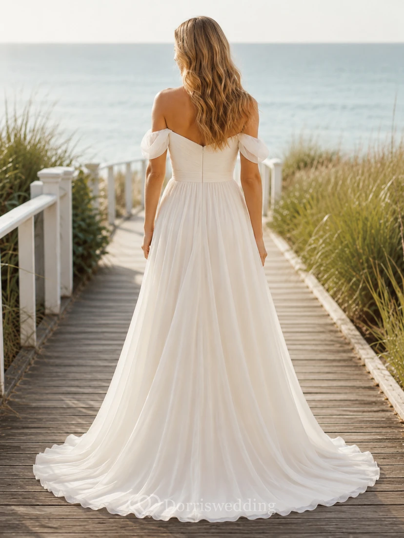 Beach Chiffon Tulle Wedding Dress A-Line Off Shoulder Sweep Train Bridal Gown view 2