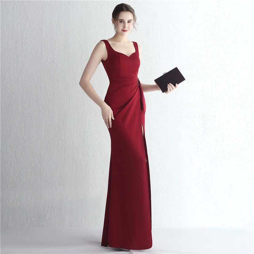 Satin-Kleid mit Perlenbesatz, langem Schlitz, schmal geschnitten, Meerjungfrauenschnitt, für Promi-Dinner, Hochzeiten, Autoausstellungen, Modellbau view 24