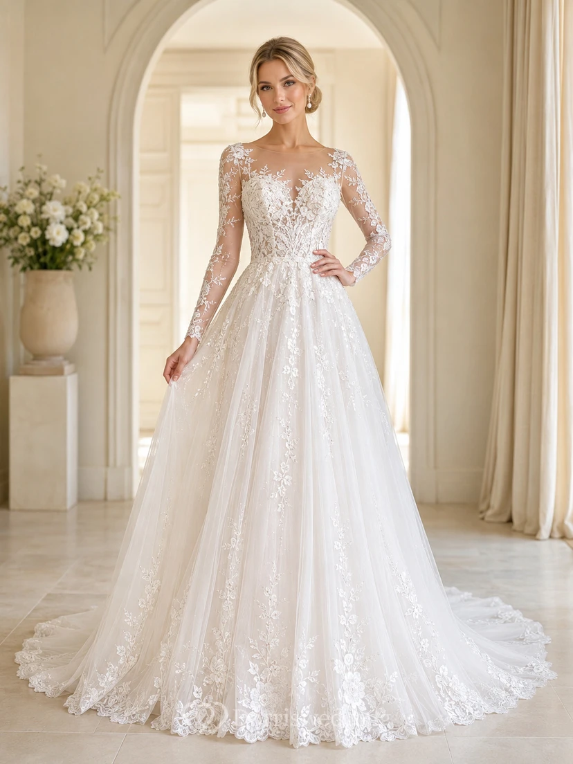 Robe de mariée romantique en dentelle, coupe trapèze, manches longues, col bijou illusion, robe de mariée à traîne chapelle.