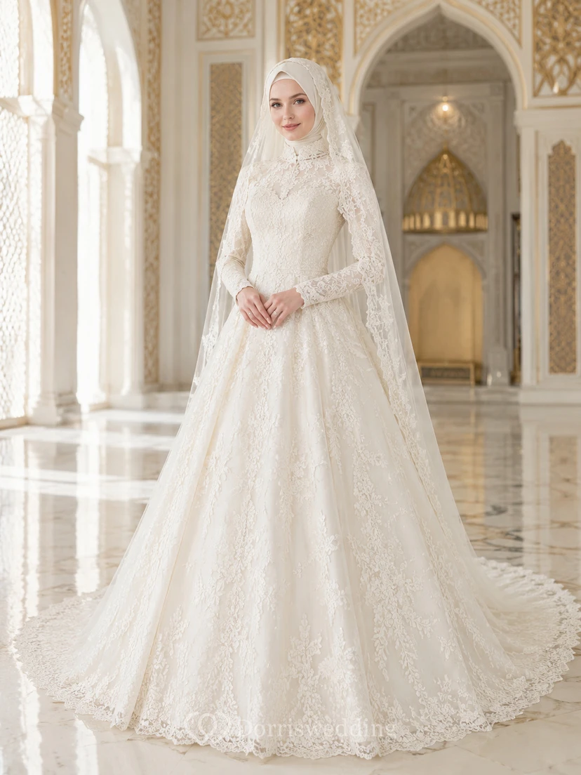 Vestido de novia musulmán modesto de encaje con mangas largas para mezquita o capilla.