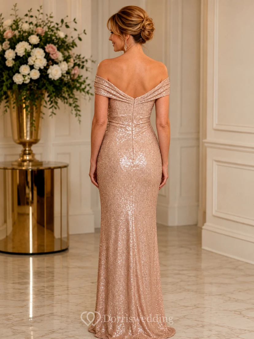 Blushing Pink Off-the-Shoulder Sequin Sheath Mother Dress view 2
