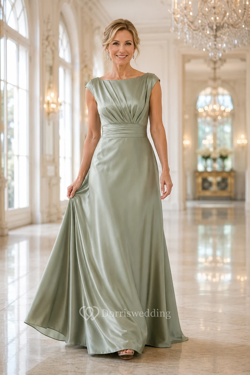 Sage Satin A-Line Mother Dress with Bateau Neck and Pleated Bodice
