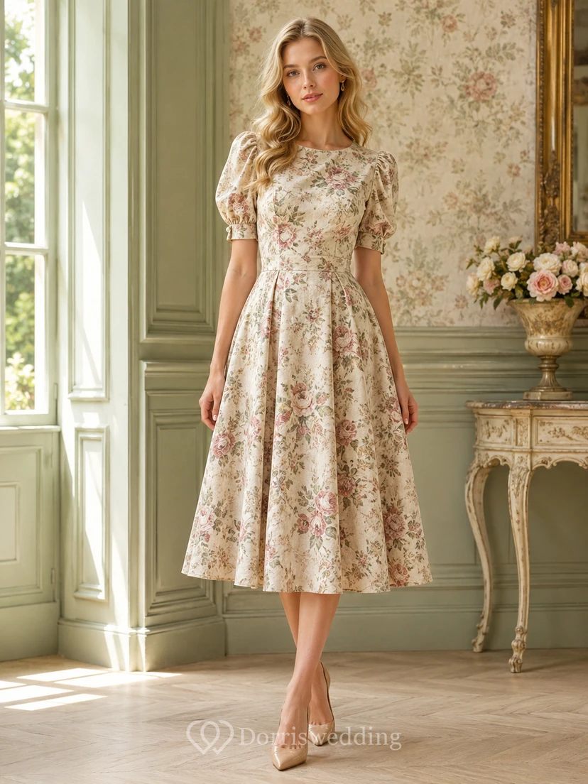 Vintage Wallpaper Floral Puff Sleeve Tea Length Dress