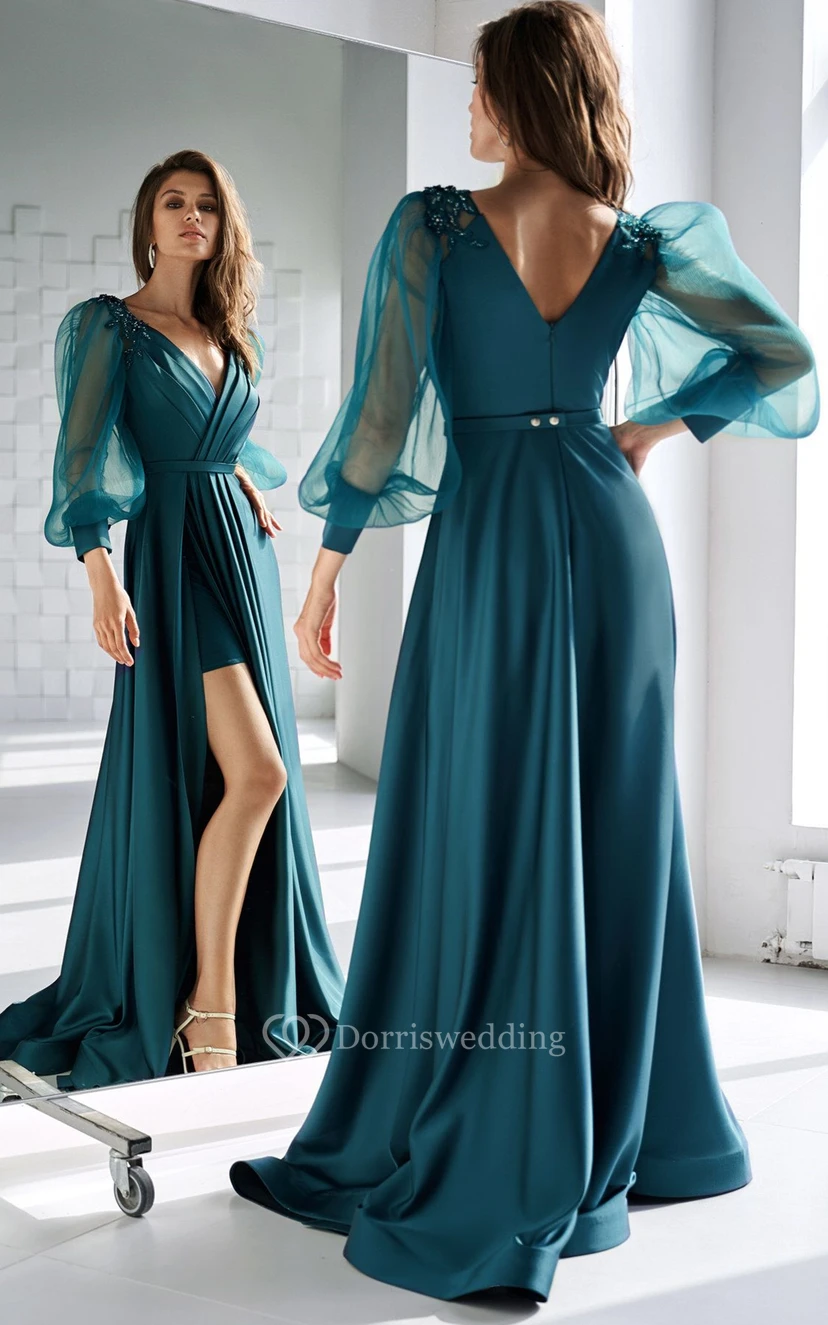 Casual V-neck A Line Satin Floor-length Prom Dress with Ruching and Split Front view 2