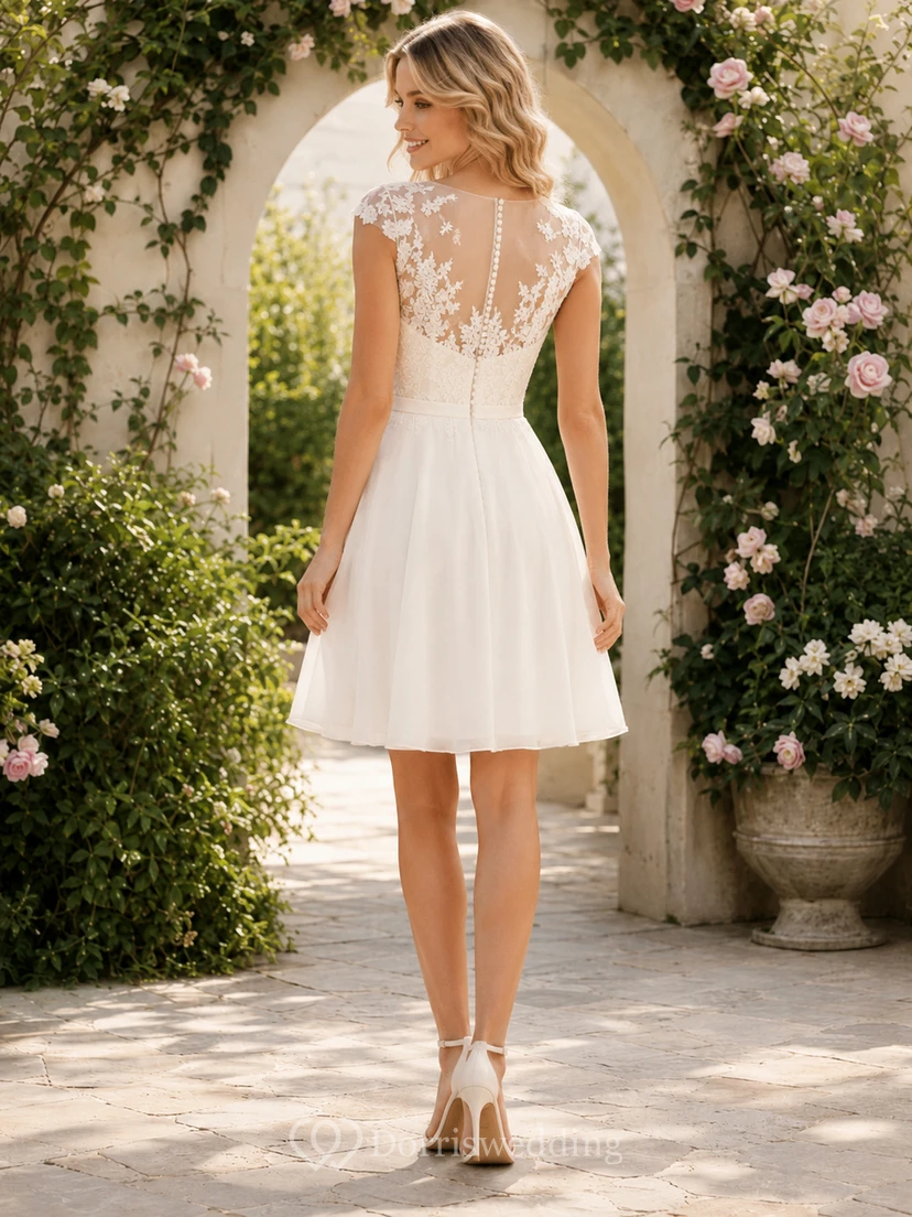 Vestido de novia informal corto de corte A con escote barco y mangas cortas, de encaje, estilo casual de jardín. view 2