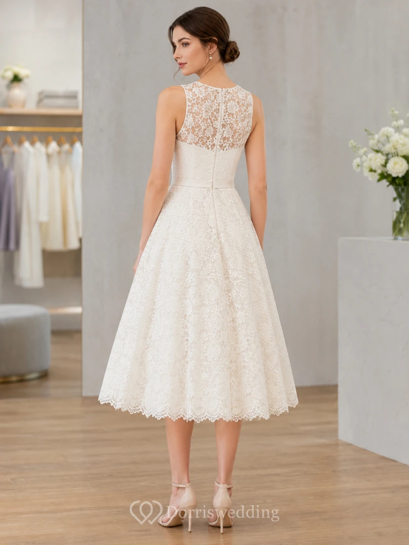 Ivory Bateau Sweetheart Sleeveless Lace A-Line Tea Dress Court Vintage view 2