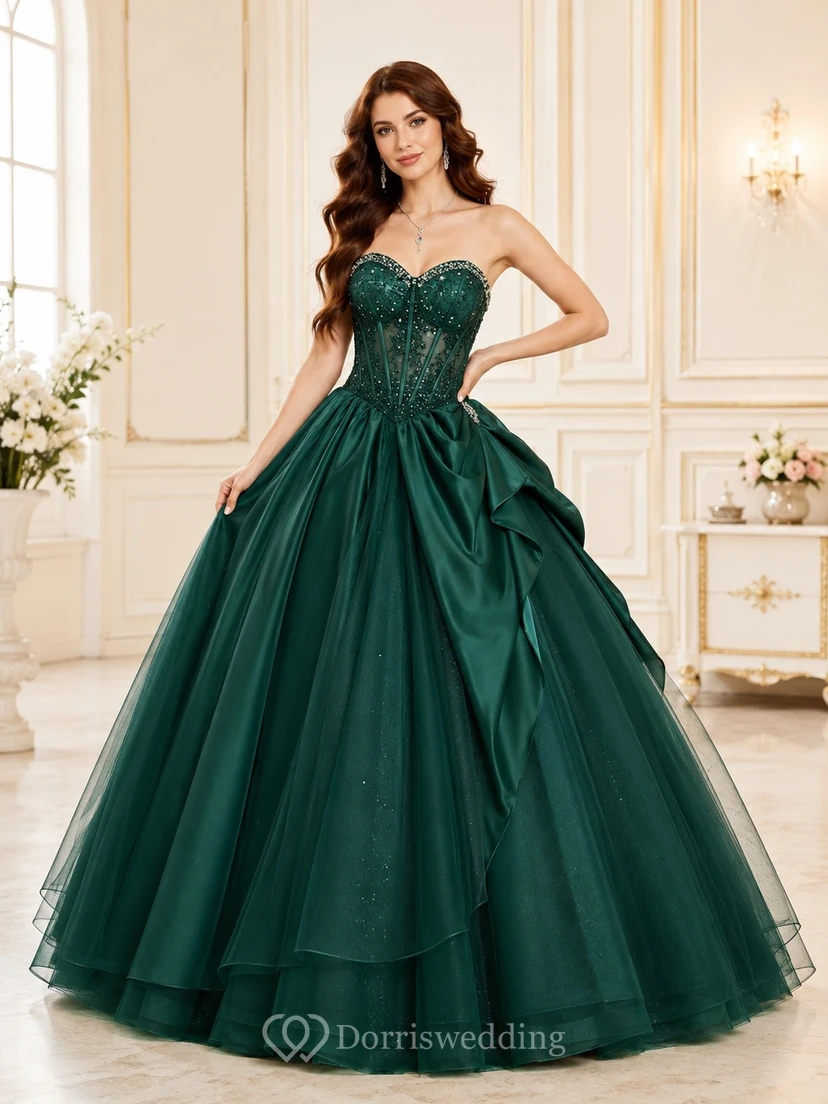 Dark Green Sweetheart Ruffle Taffeta Ball Gown Sweet Sixteen Formal Dress