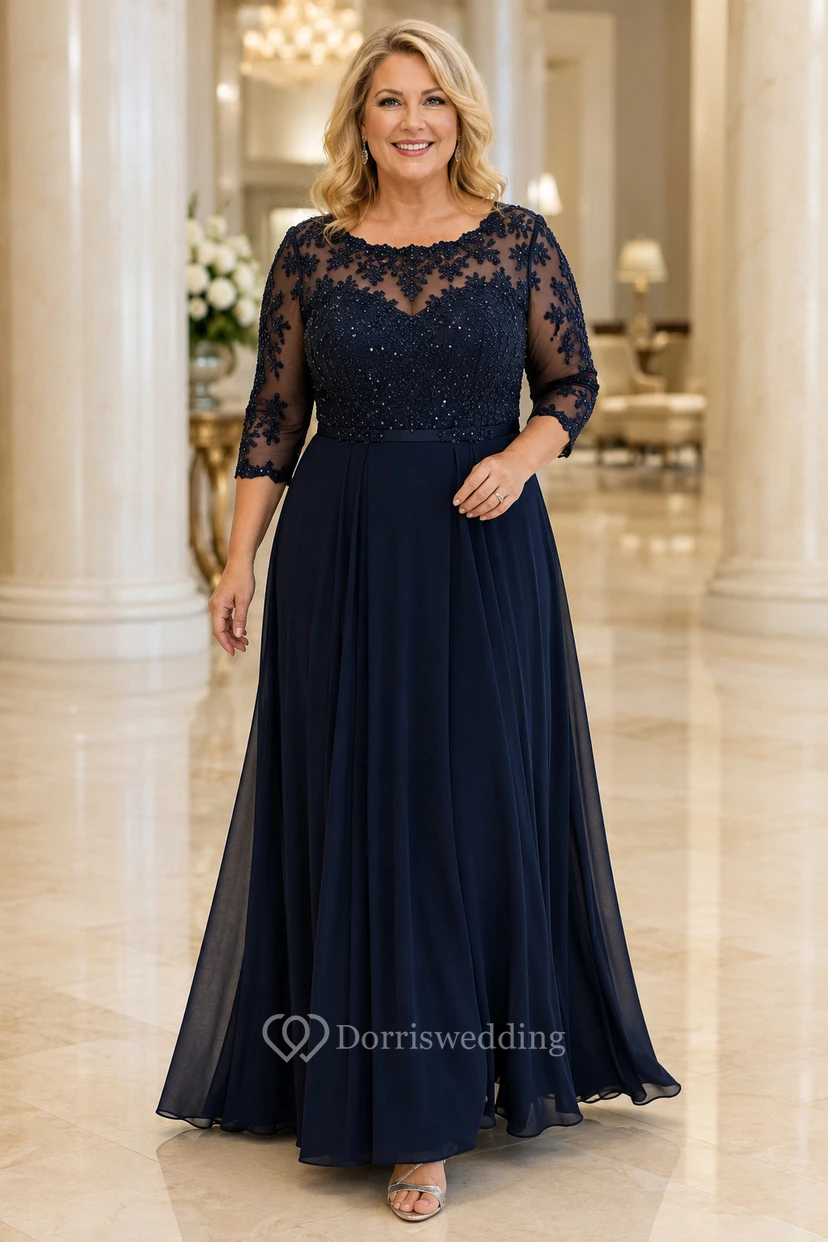 MOB Dress Dark Navy Chiffon Lace A-Line 3/4 Sleeve Bateau Neck Floor Length