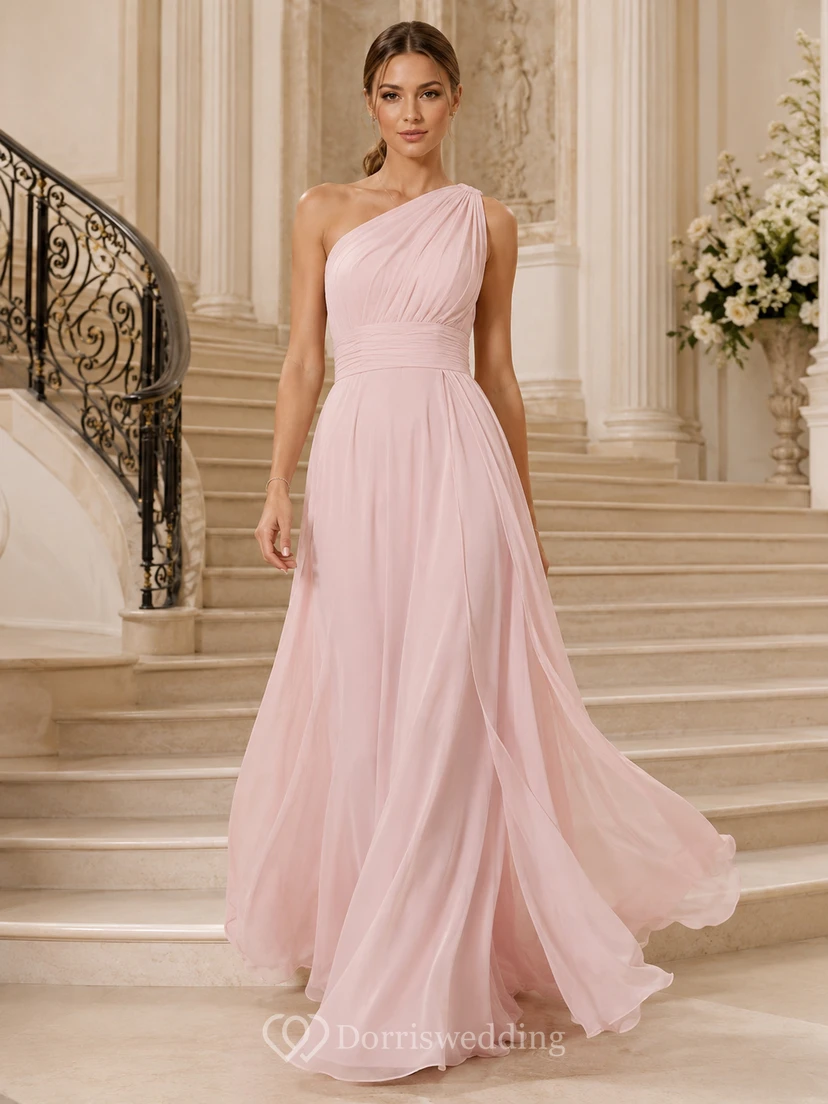 Blush One-Shoulder Draped Satin A-Line Floor Modern Formal Prom Gown