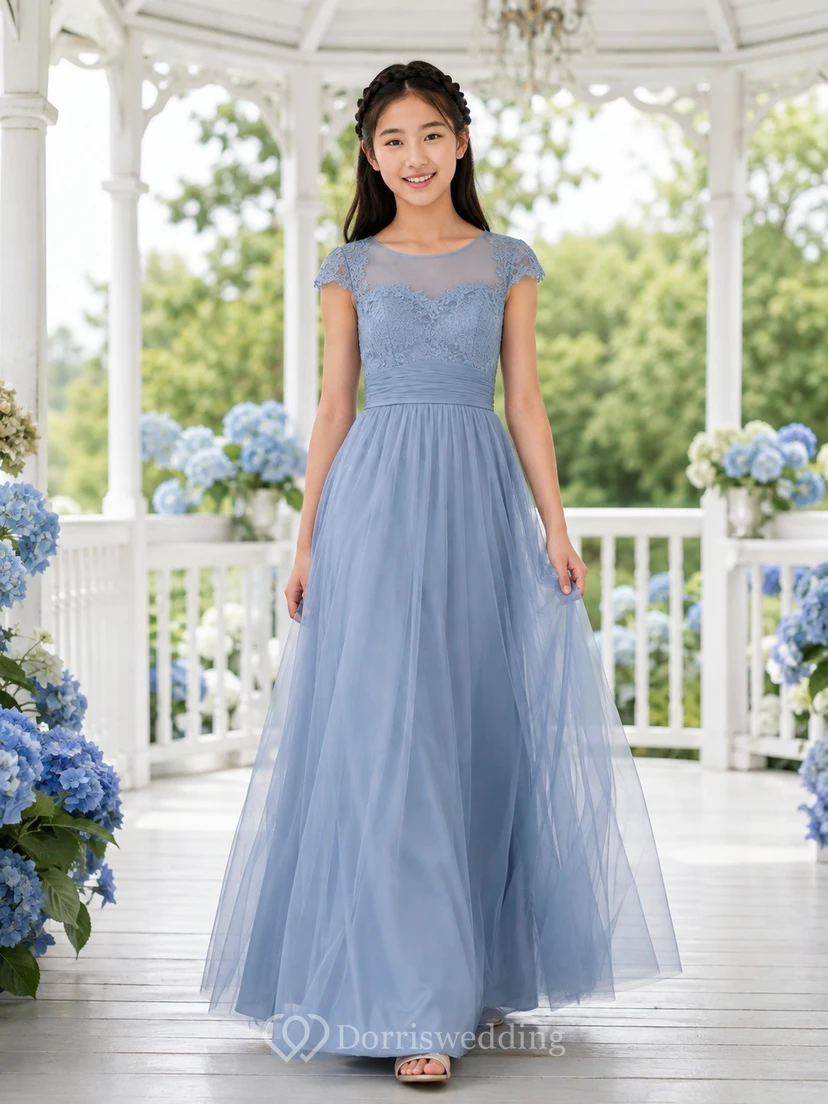 Himmelblaues Brautjungfernkleid für junge Damen, A-Linie, Rundhalsausschnitt, kurze Illusionsärmel, Spitze, Tüll, elegant, romantisch
