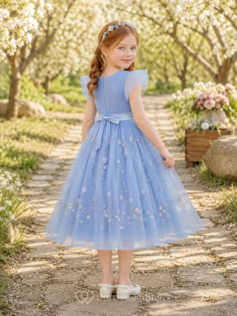 Sky Blue Flower Girl Dress Bohemian Tea-Length A-Line Flutter Sleeve Pleated Tulle Wildflower Embroidery Satin Bow view 2