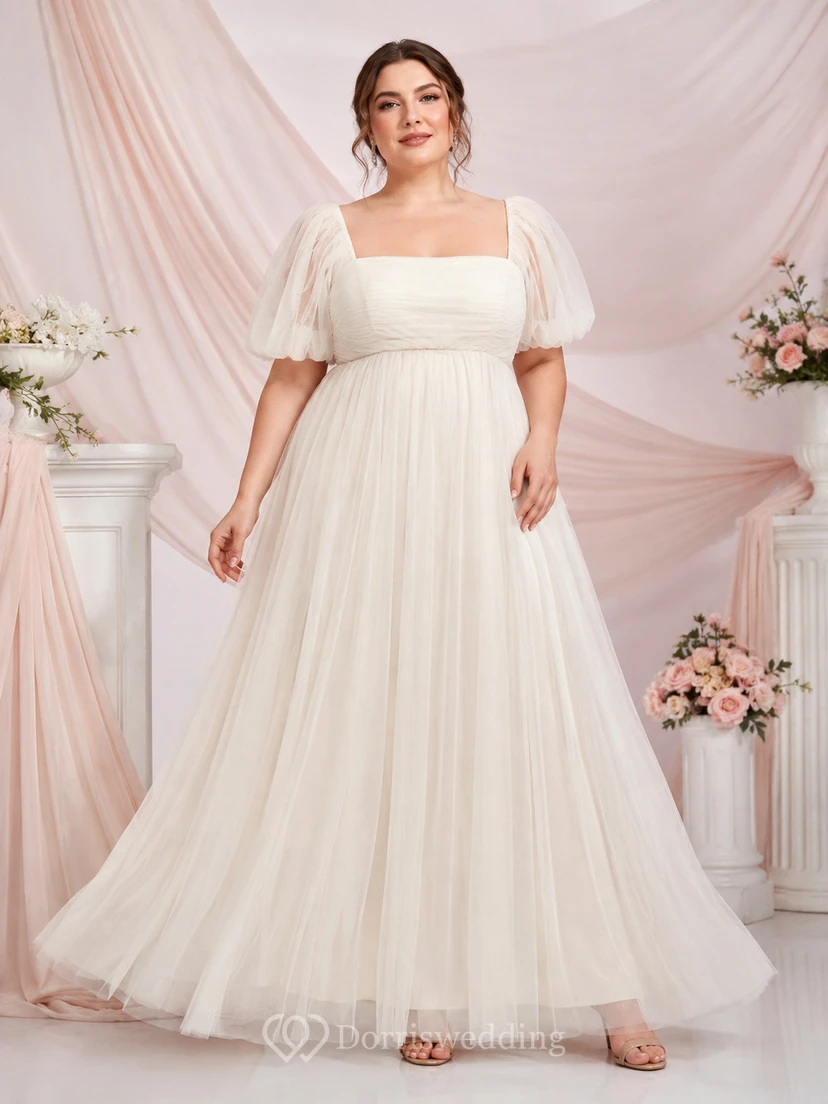 Plus Size Square Neck Puff Sleeve Tulle Wedding Dress