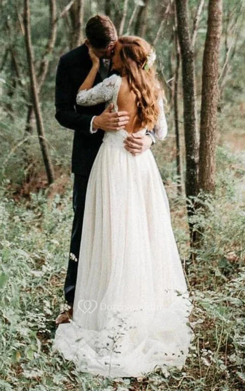 Lässiges, ländliches Brautkleid aus Tüll mit V-Ausschnitt, halben Ärmeln und A-Linien-Schnitt view 2