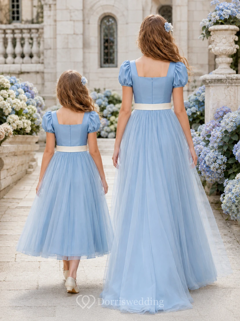 Matching Flower Girl Junior Bridesmaid Dress A-Line Sky Blue Tulle Puff Sleeve Sash view 2