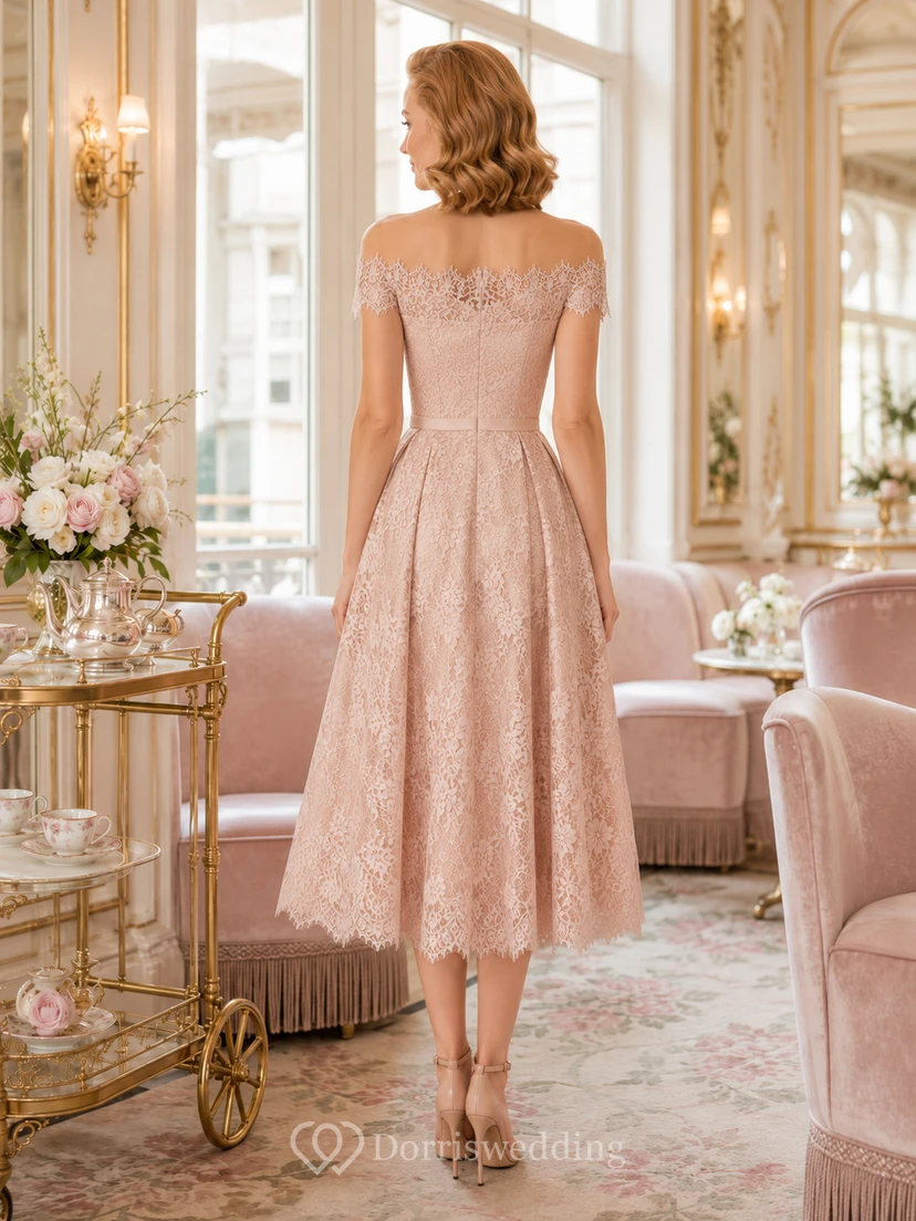 Blushing Pink Bridal Luncheon Cap Sleeve Lace Tea Length A Line Dress view 2