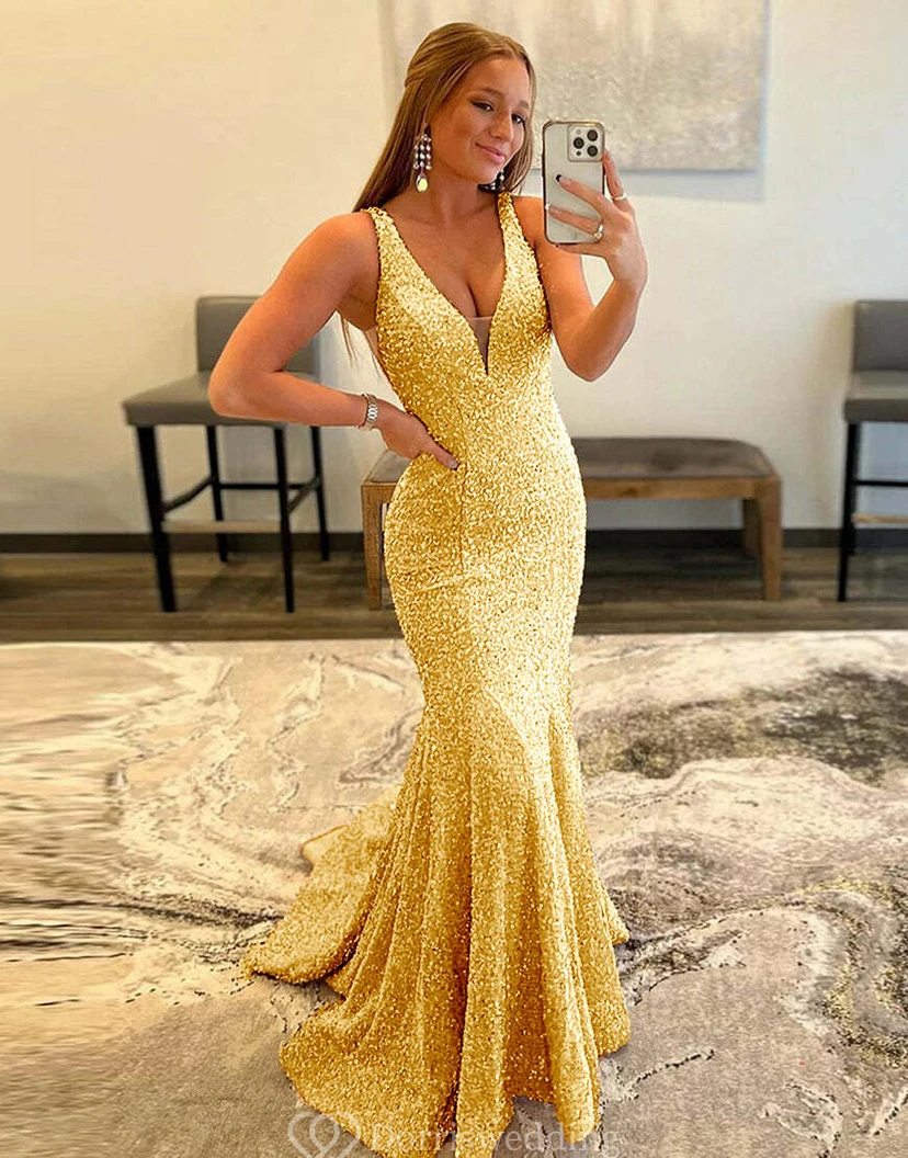 Shimmering Light-Blue Sequin Mermaid Gown with Plunging V-Neck view 14