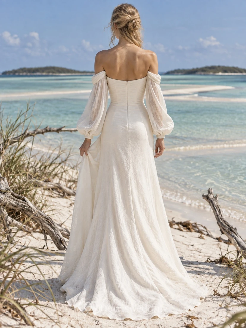Off Shoulder Linen Wedding Dress with Long Poet Sleeves and Draped Sheath Bodice view 2