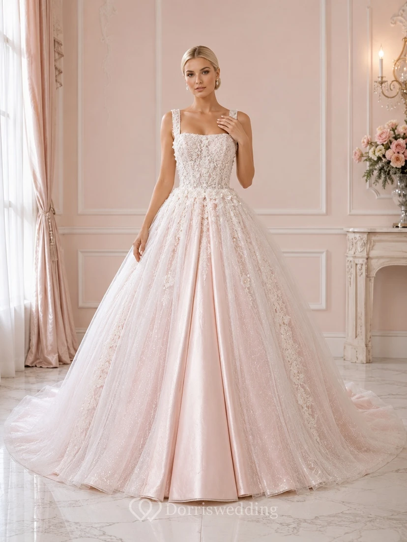 Schlichtes Brautkleid aus Satin in A-Linie mit eckigem Ausschnitt, Spaghettiträgern und Schleppe in zartem Rosa