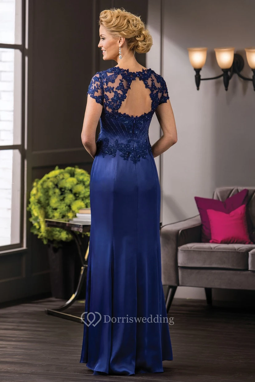Short-Sleeved Long Mother Of The Bride Dress With Appliques And Jewels view 2
