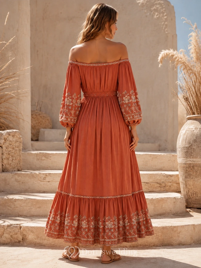 Vermilion Off-Shoulder Embroidered Puff Sleeve Tiered Chiffon Dress view 2