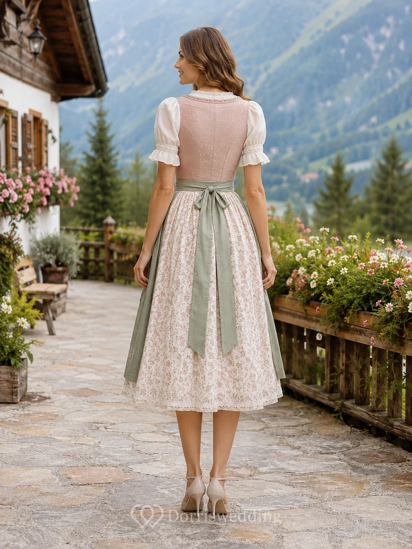 Vintage-Dirndlkleid aus Baumwolle mit Salbei-Blumenmuster, eckigem Ausschnitt, kurzen Ärmeln und A-Linien-Schnitt, Teelänge view 2