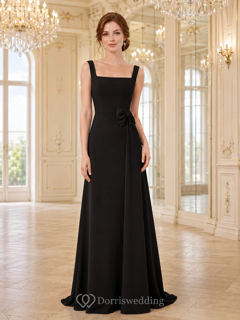 Black Square Neck Strap Floor Length Mermaid Formal Evening Dress